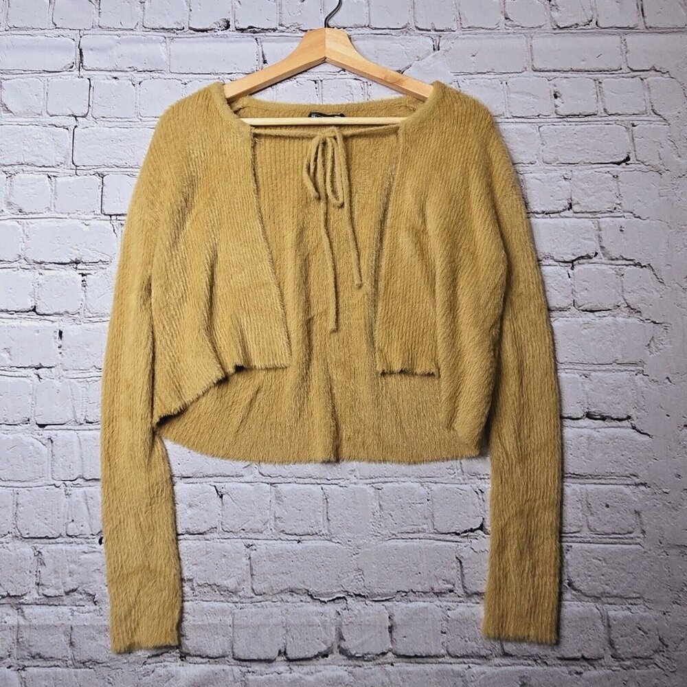 Dazy Soft Fuzzy Golden Beige Tie Collar‎ Cardigan Sweater Size L